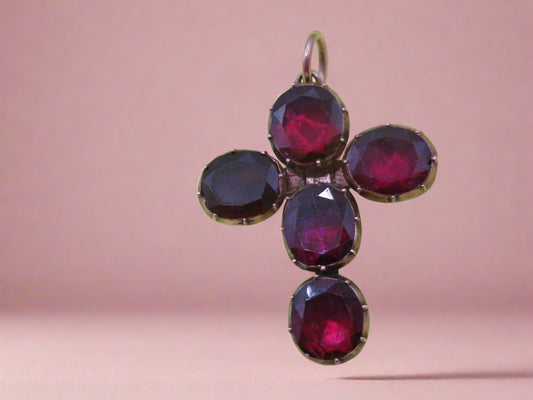 Antique 10K Gold Georgian Foiled Flat Cut Garnet Cross Charm Brooch