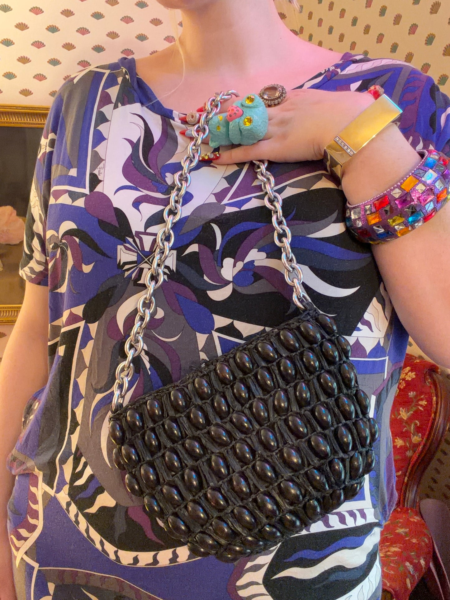 Vintage 1960s Mod Black Wooded Beaded Bag