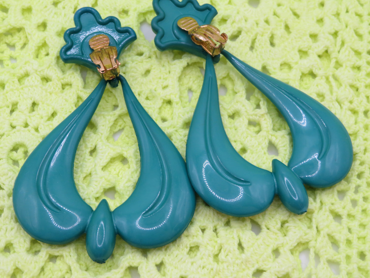 Vintage Huge Rococo Teal Clip On Earrings