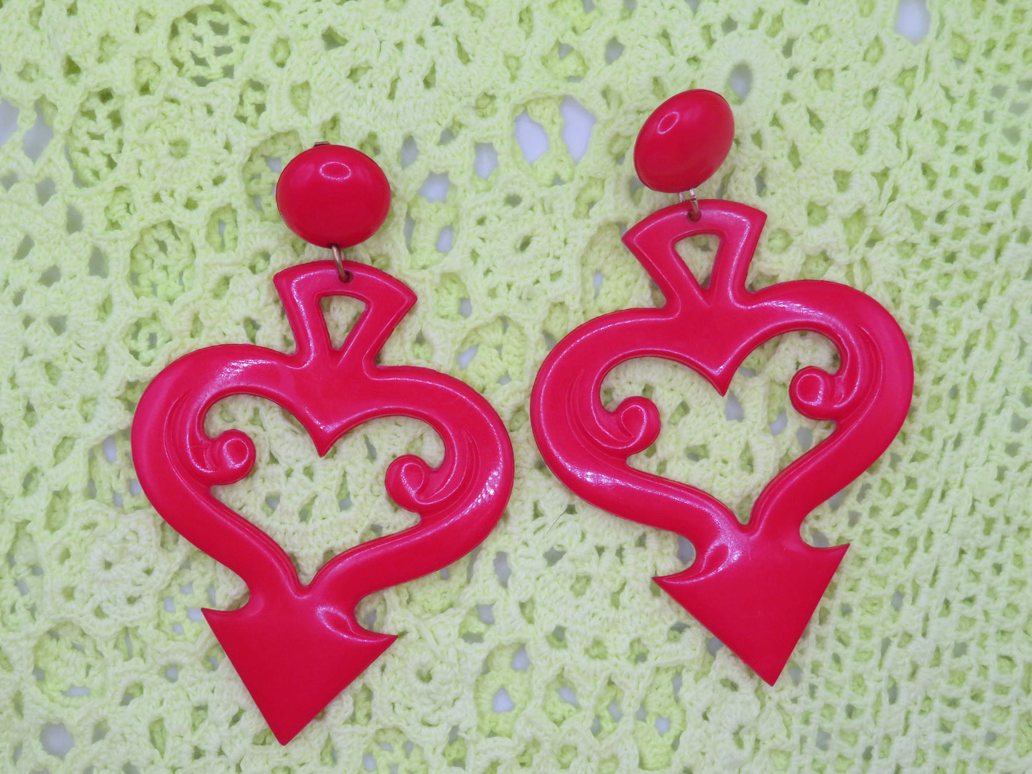Vintage Huge Devil's Tail Heart Clip On Earrings