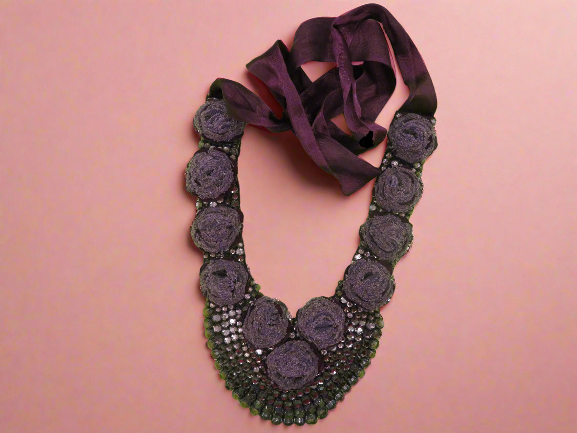 Vintage Lilac Rosette Rhinestone Sequin Bib Statement Necklace