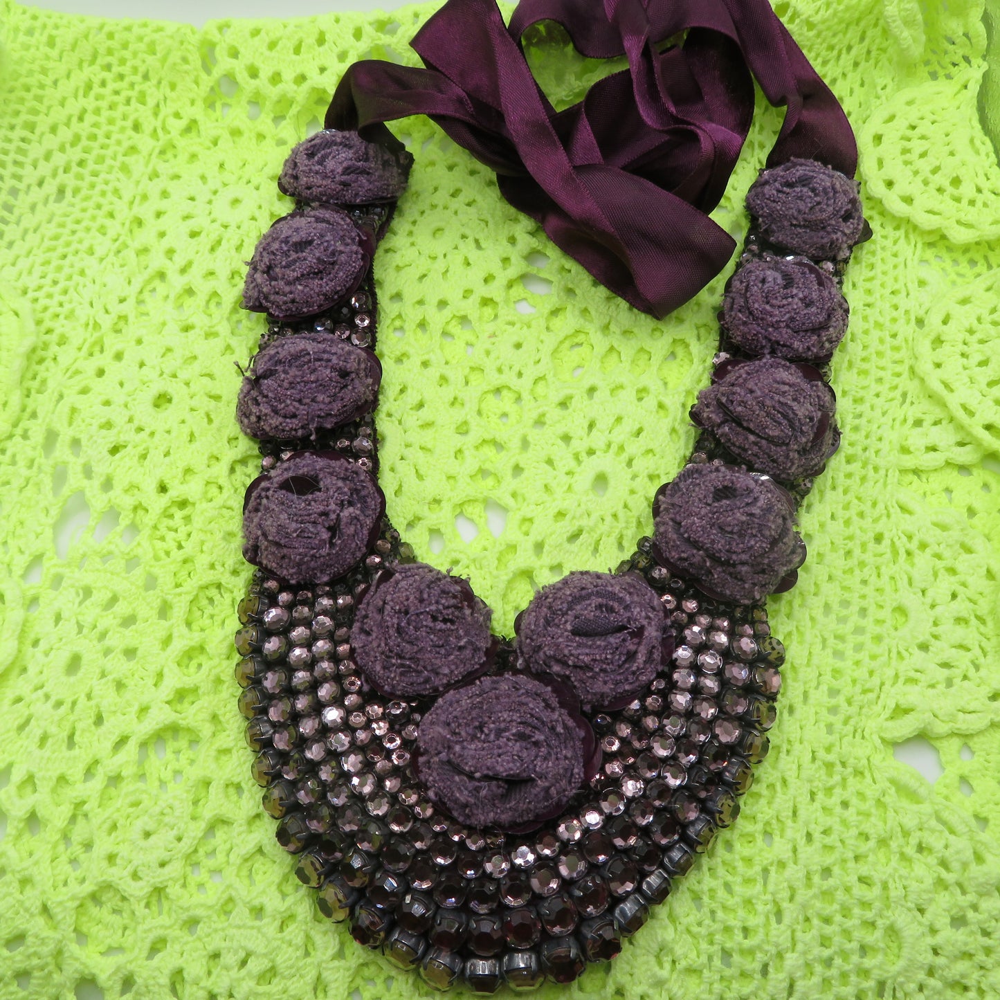 Vintage Lilac Rosette Rhinestone Sequin Bib Statement Necklace
