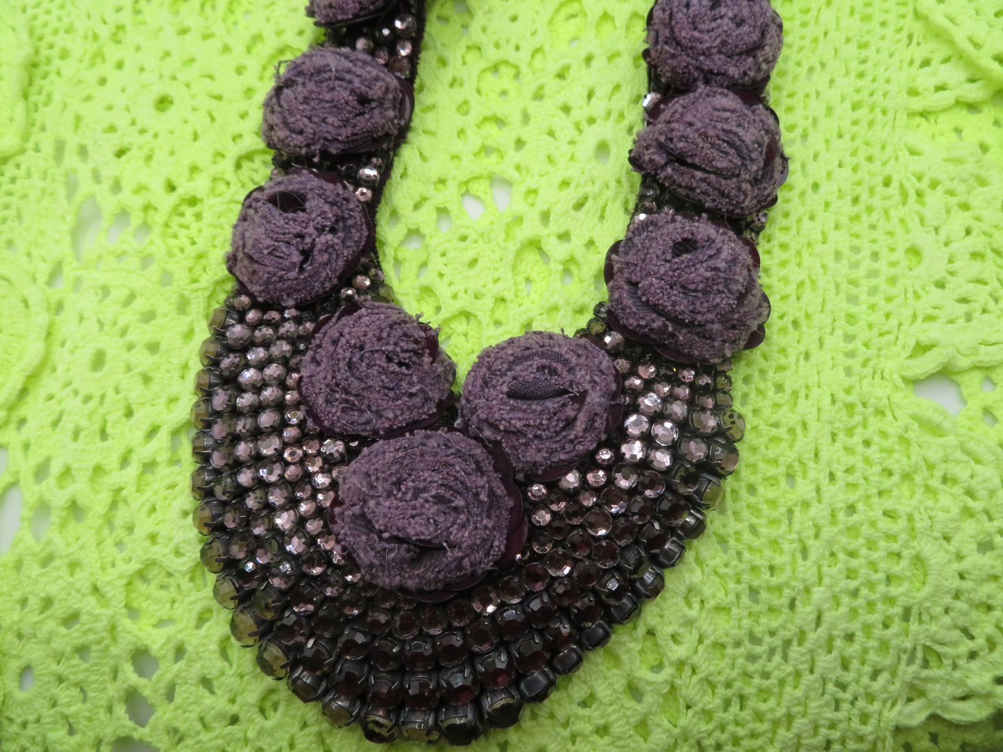 Vintage Lilac Rosette Rhinestone Sequin Bib Statement Necklace