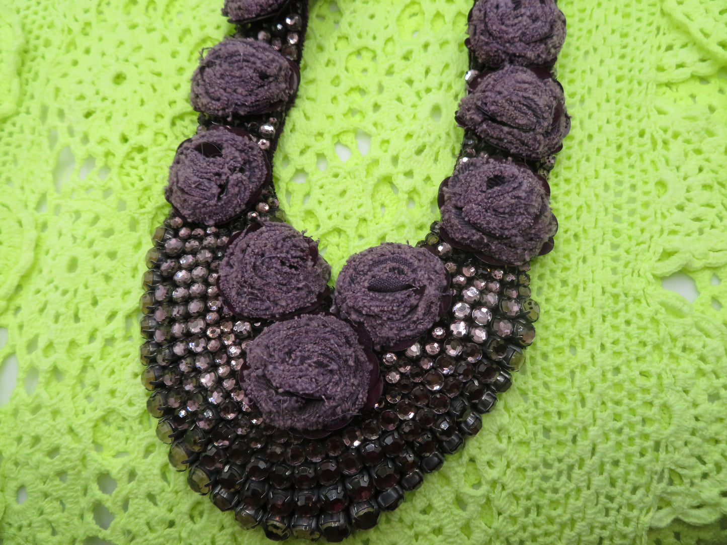 Vintage Lilac Rosette Rhinestone Sequin Bib Statement Necklace