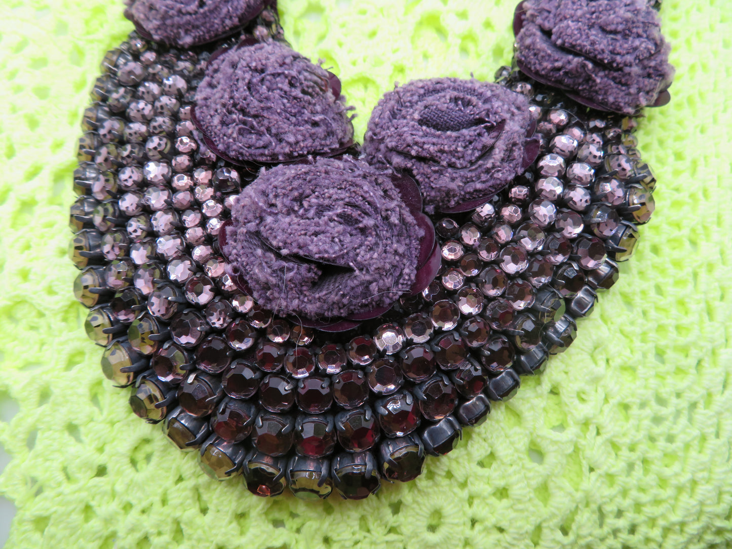 Vintage Lilac Rosette Rhinestone Sequin Bib Statement Necklace
