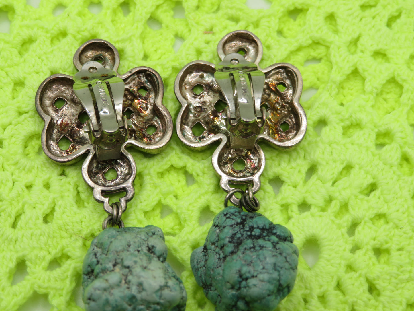 Vintage Stephen Dweck Sterling Silver Turquoise Drop Clip On Earrings