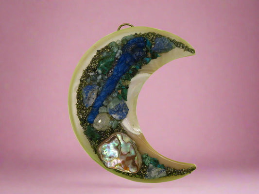 One-of-a-Kind Huge Mother of Pearl Gemstone Crescent Moon Pendant Brooch