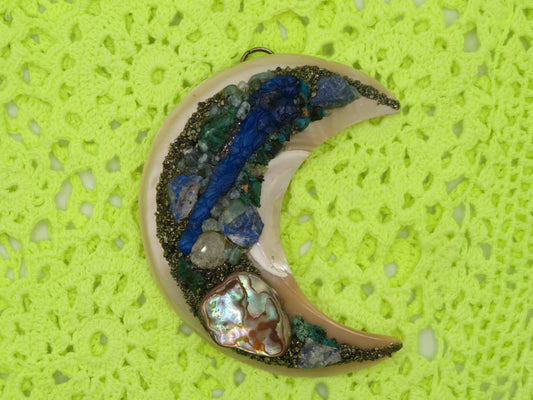 One-of-a-Kind Huge Mother of Pearl Gemstone Crescent Moon Pendant Brooch