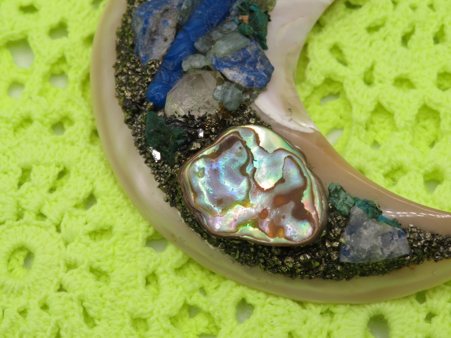 One-of-a-Kind Huge Mother of Pearl Gemstone Crescent Moon Pendant Brooch