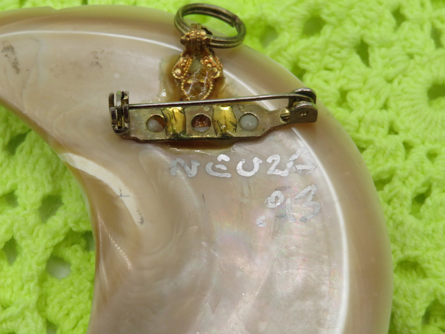 One-of-a-Kind Huge Mother of Pearl Gemstone Crescent Moon Pendant Brooch