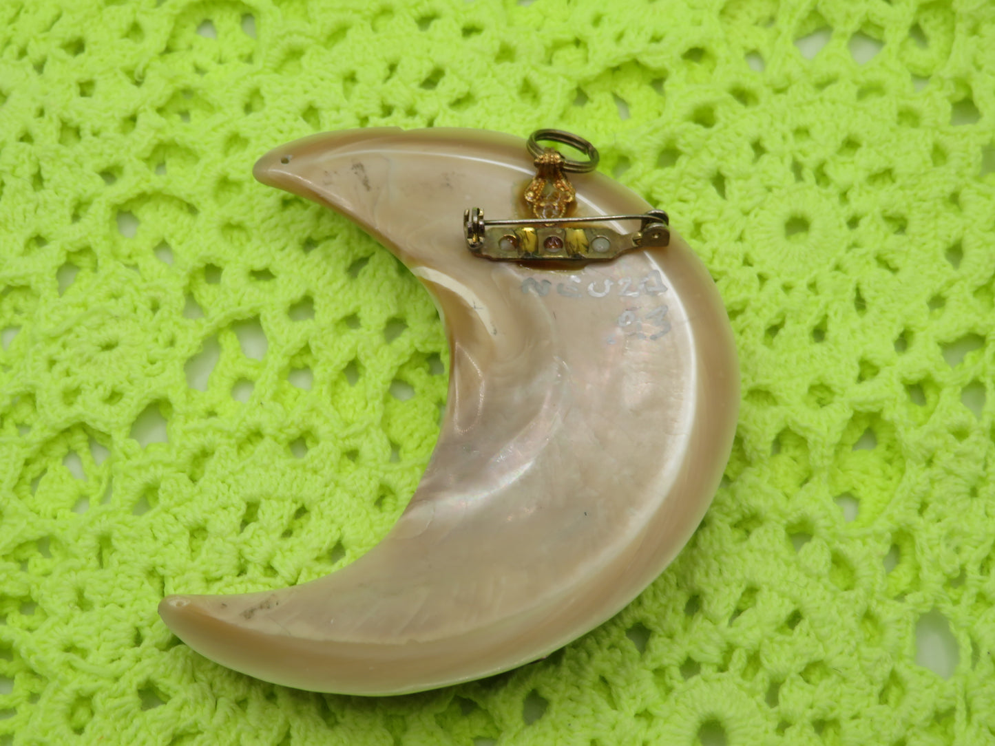 One-of-a-Kind Huge Mother of Pearl Gemstone Crescent Moon Pendant Brooch