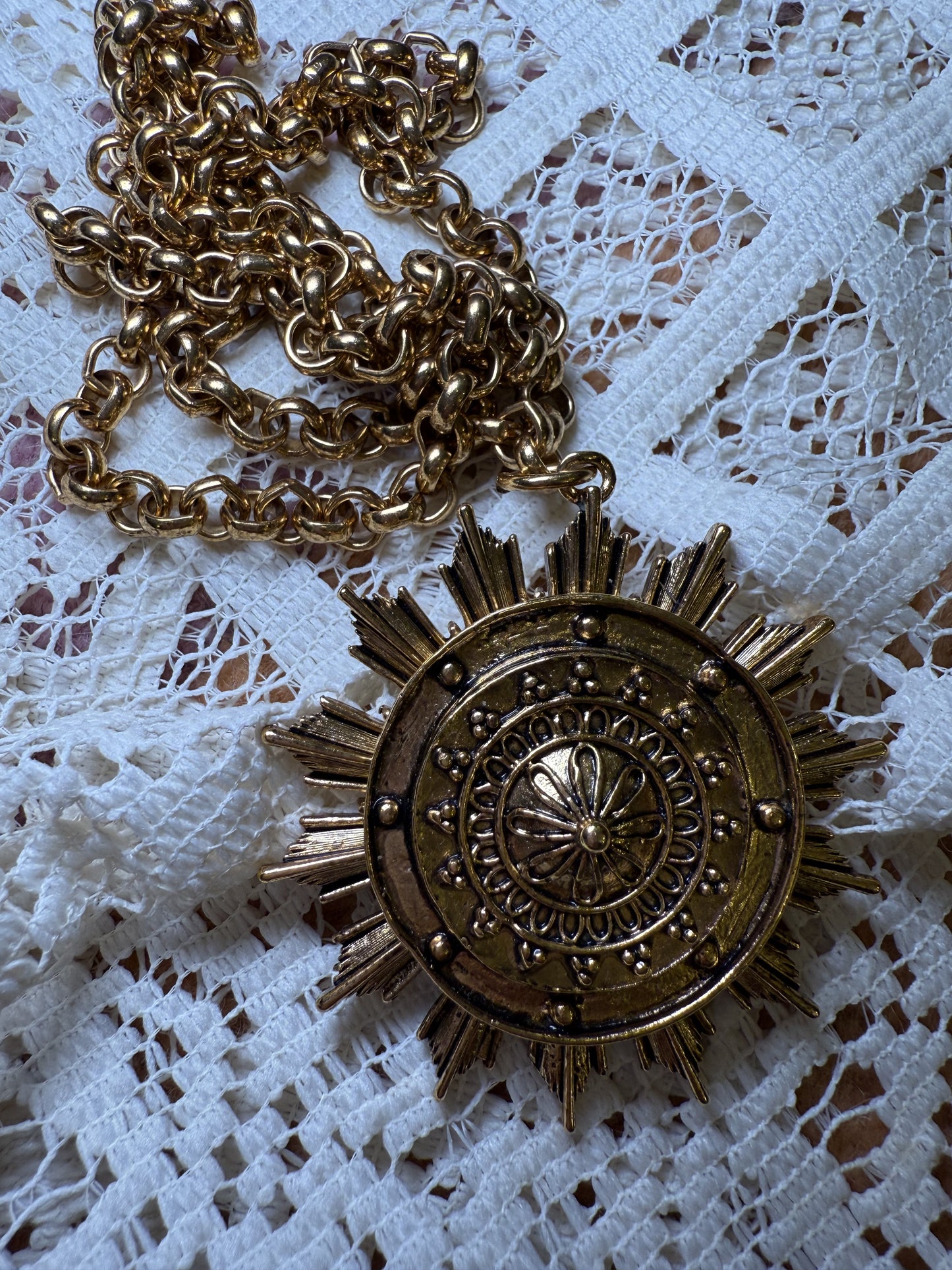 Gold Sunburst Flower Medallion Necklace