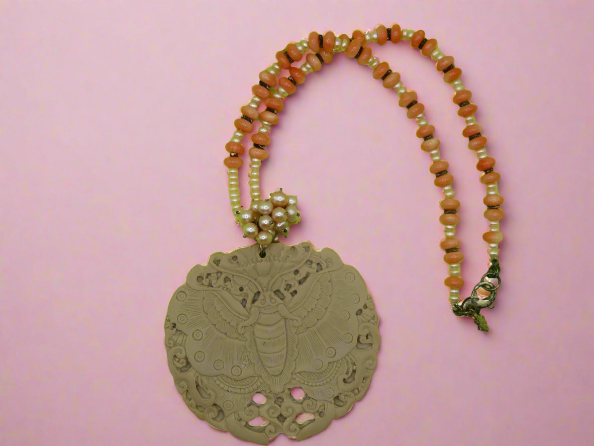 Vintage Coral Pearl Moth Princess Necklace