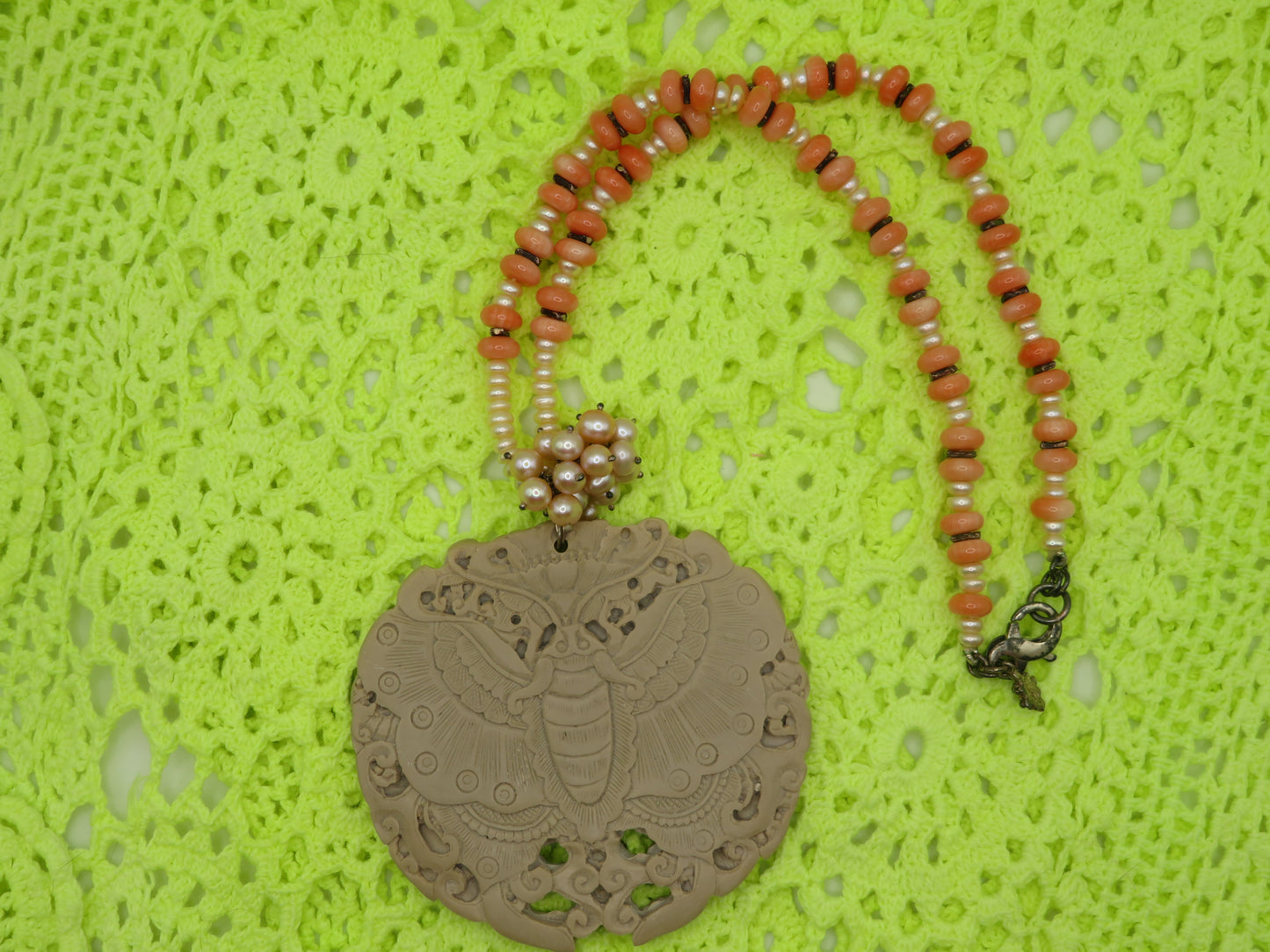 Vintage Coral Pearl Moth Princess Necklace