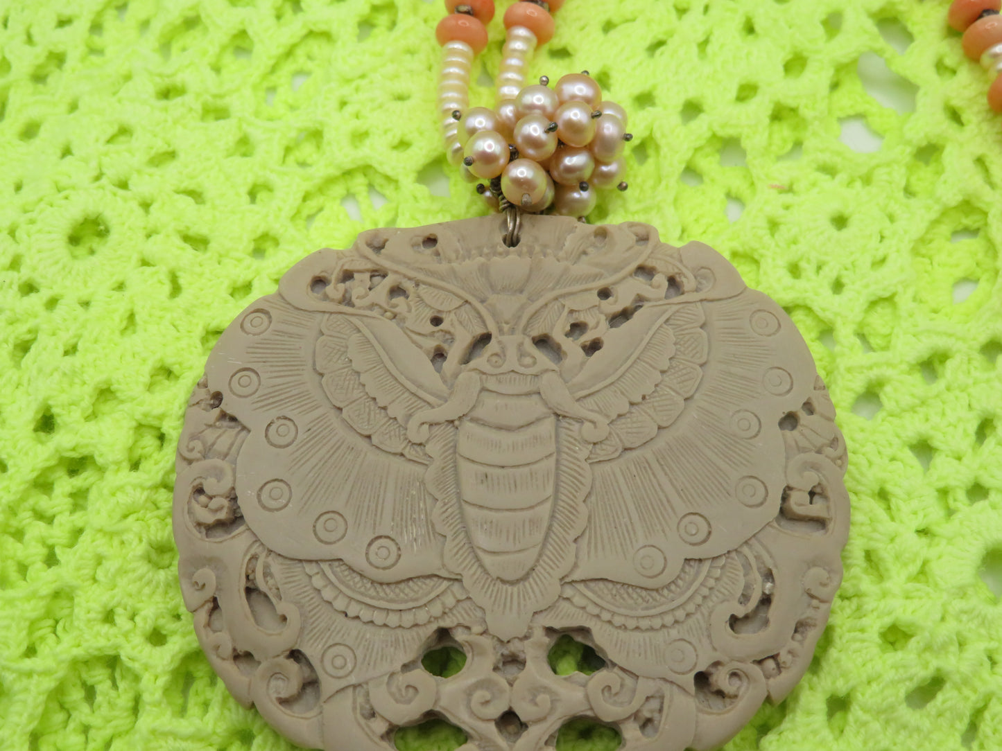 Vintage Coral Pearl Moth Princess Necklace
