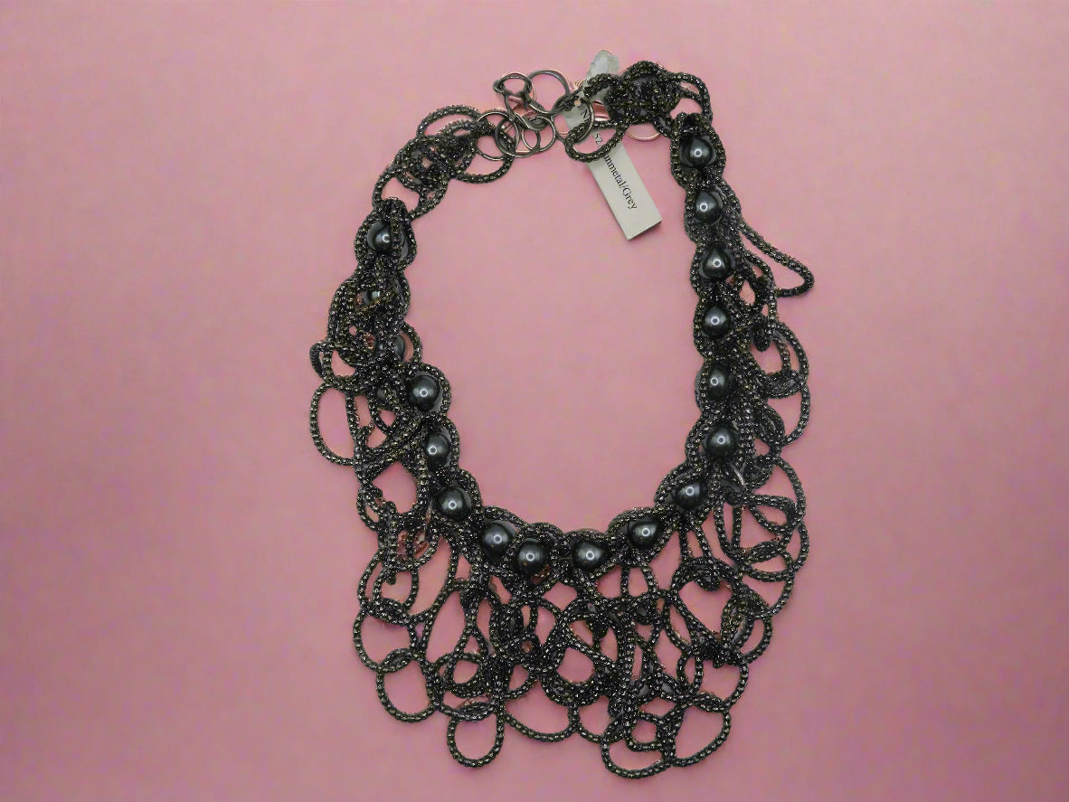 Vintage Gray Pearl Beaded Fringe Collar Necklace