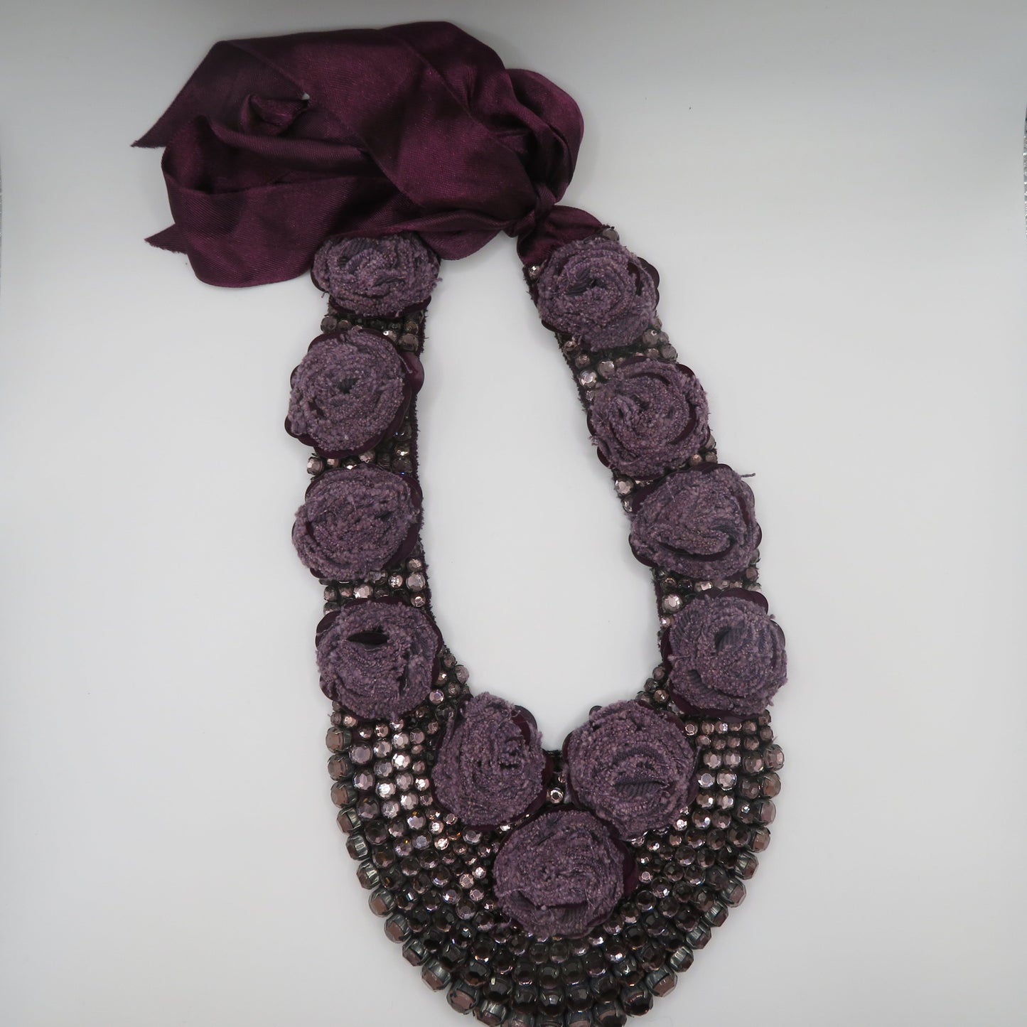 Vintage Lilac Rosette Rhinestone Sequin Bib Statement Necklace