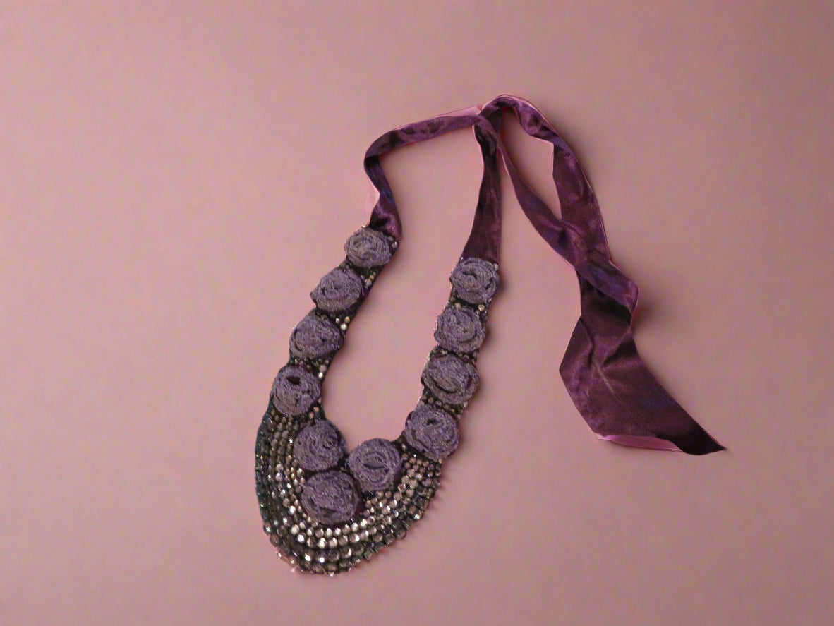 Vintage Lilac Rosette Rhinestone Sequin Bib Statement Necklace