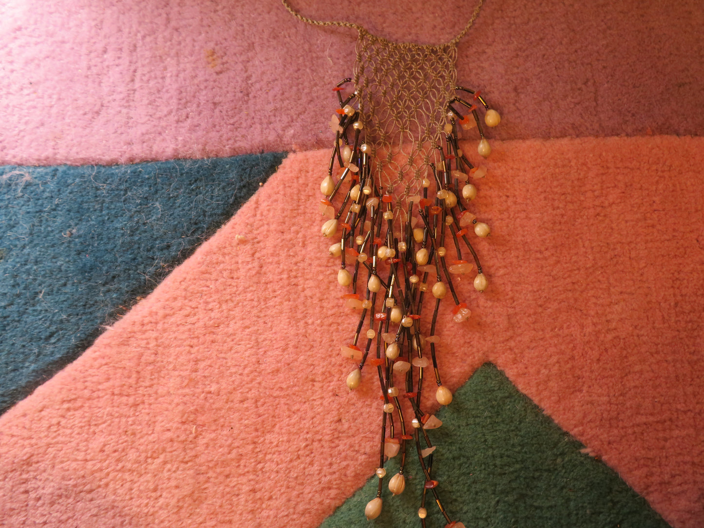 Vintage Woven Shell & Rose Quartz Fringe Statement Necklace