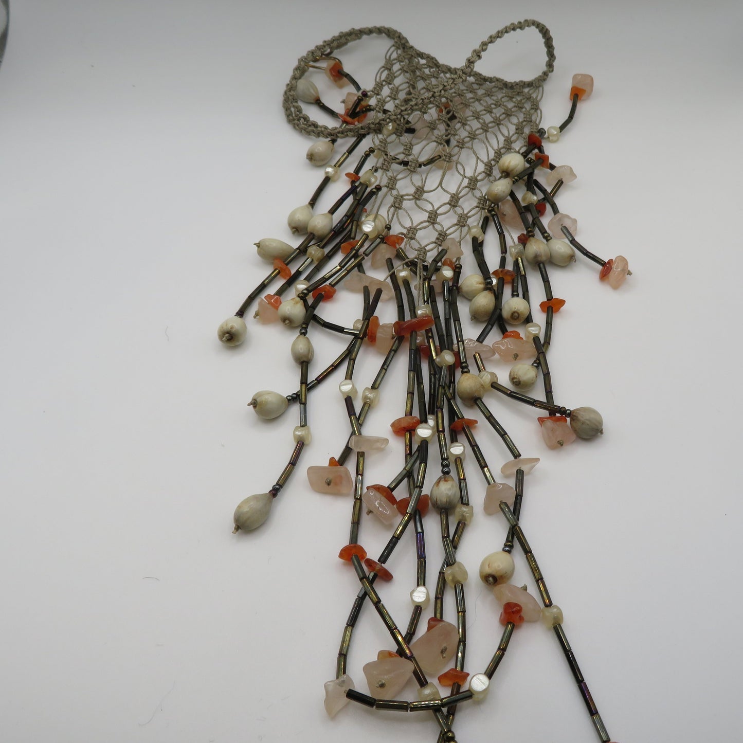 Vintage Woven Shell & Rose Quartz Fringe Statement Necklace