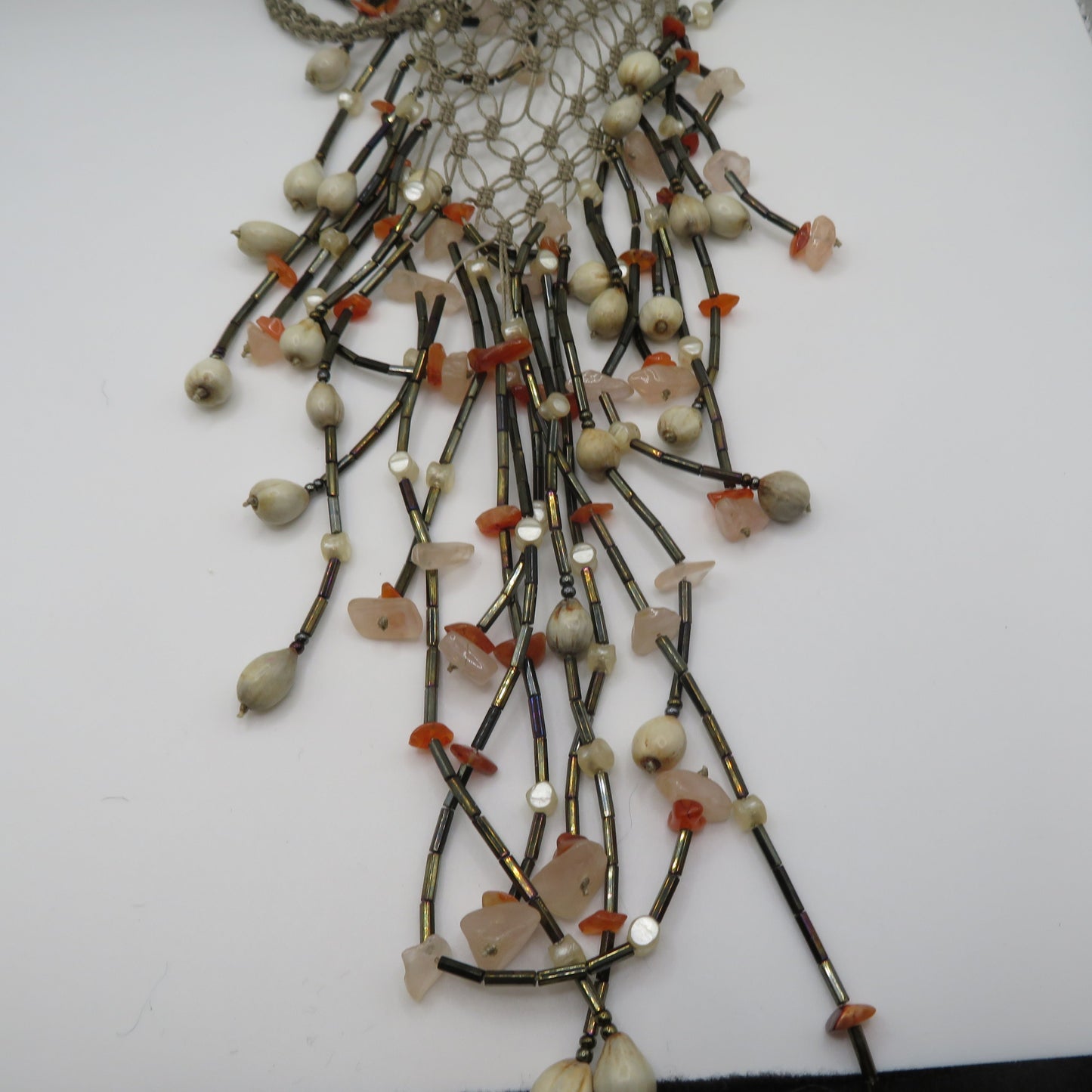 Vintage Woven Shell & Rose Quartz Fringe Statement Necklace