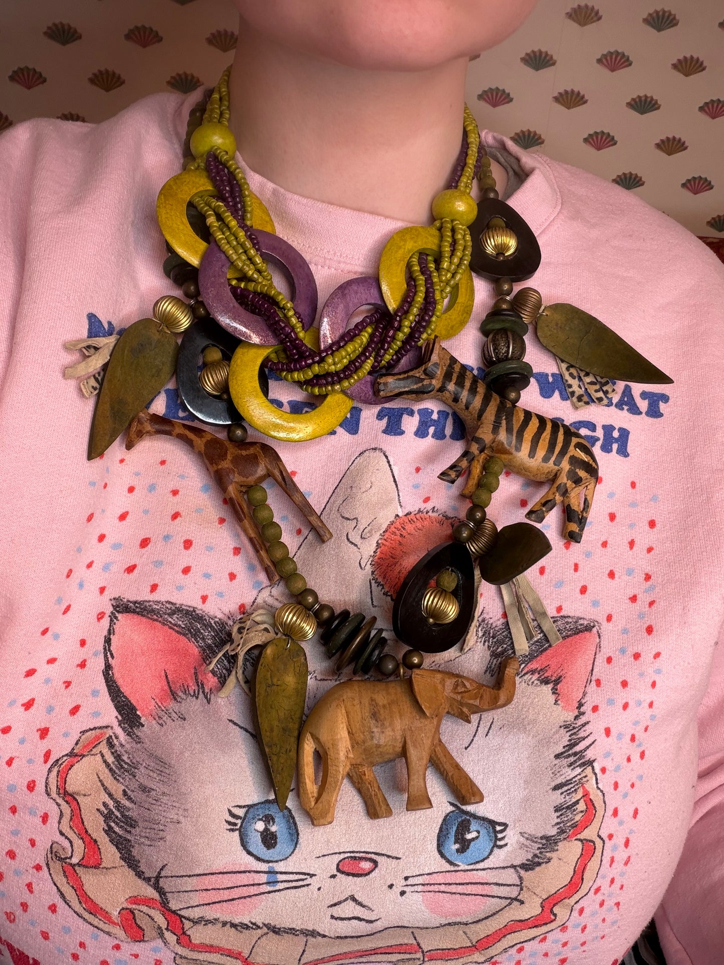 Vintage Eggplant Lime Wooden Statement Necklace