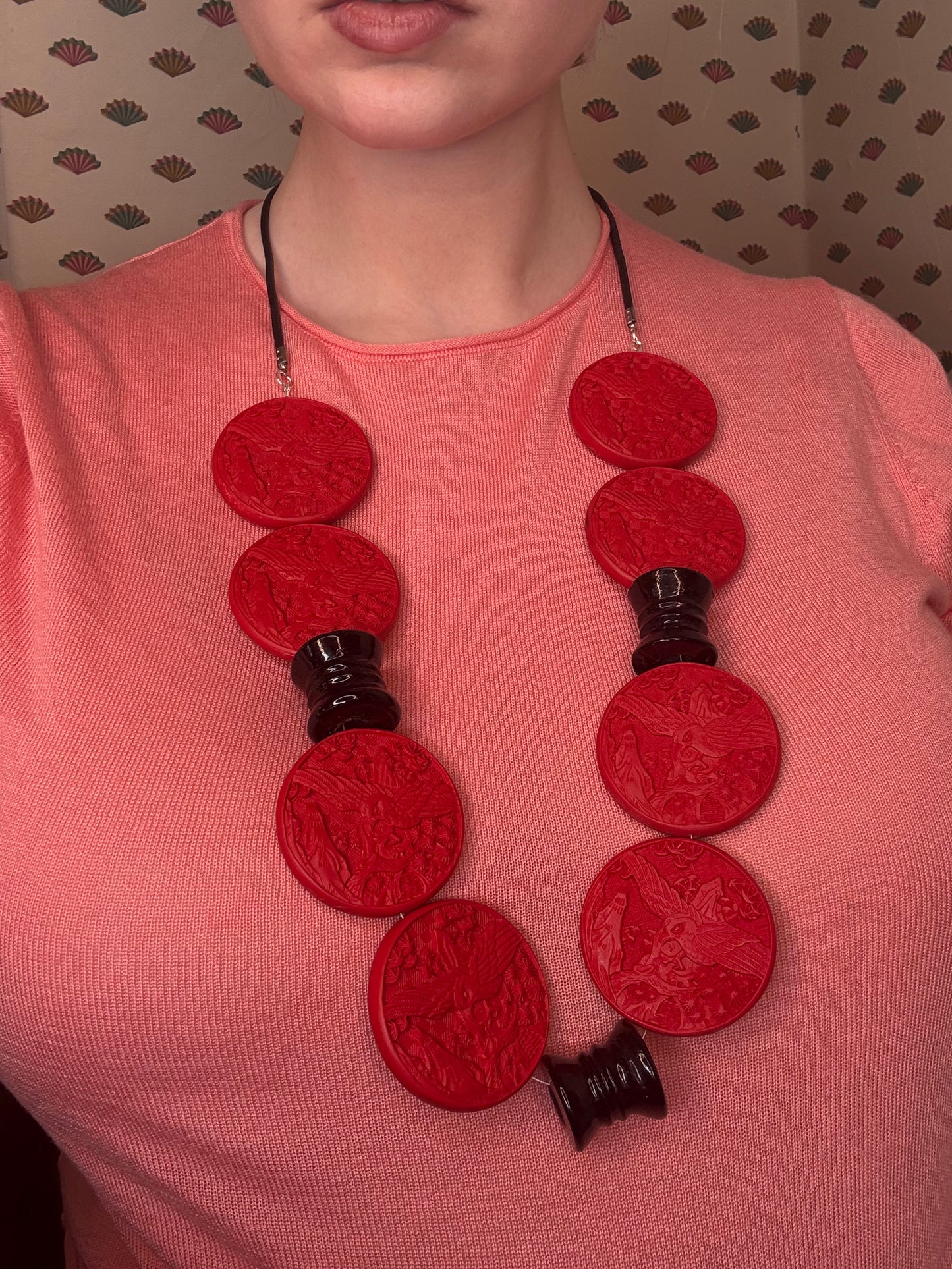 Iris Apfel's Vintage Oversize Cinnabar Crane & Ceramic Bead Necklace