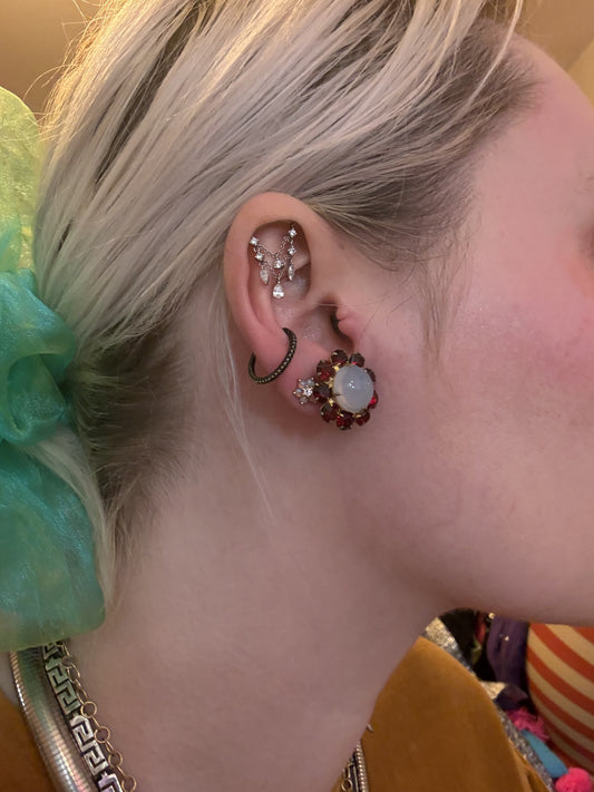 Antique Cabochon Faux Moonstone and Garnet Crystal Earrings