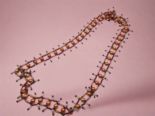 Vintage Peach Champagne Metallic Midcentury Pearl Fringe Necklace