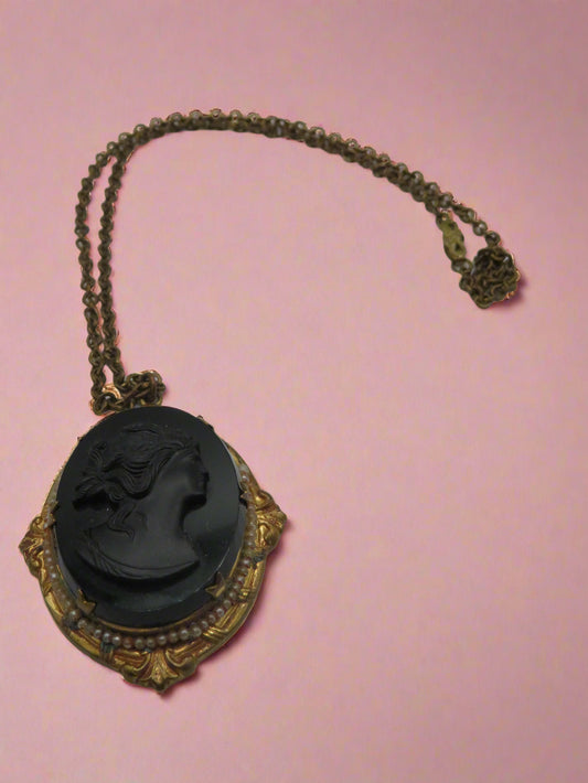 Antique Victorian Revival Black Glass Cameo Necklace