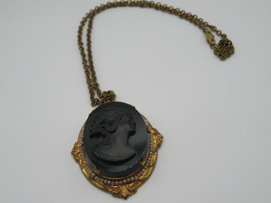 Antique Victorian Revival Black Glass Cameo Necklace