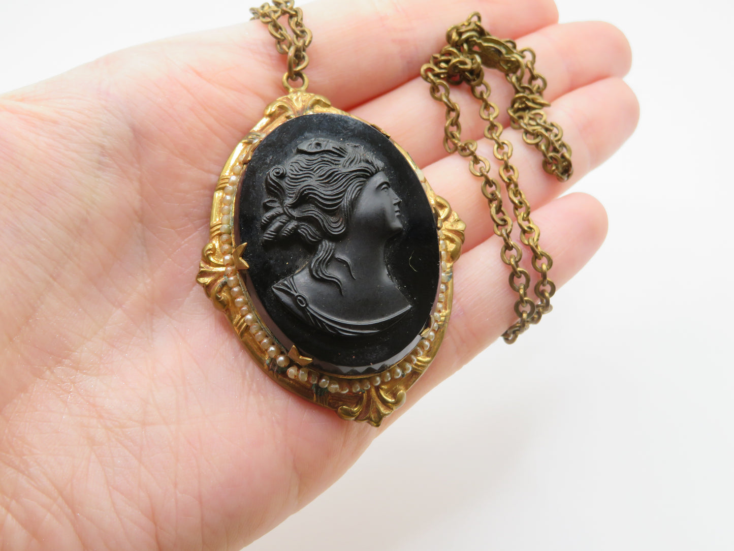 Antique Victorian Revival Black Glass Cameo Necklace
