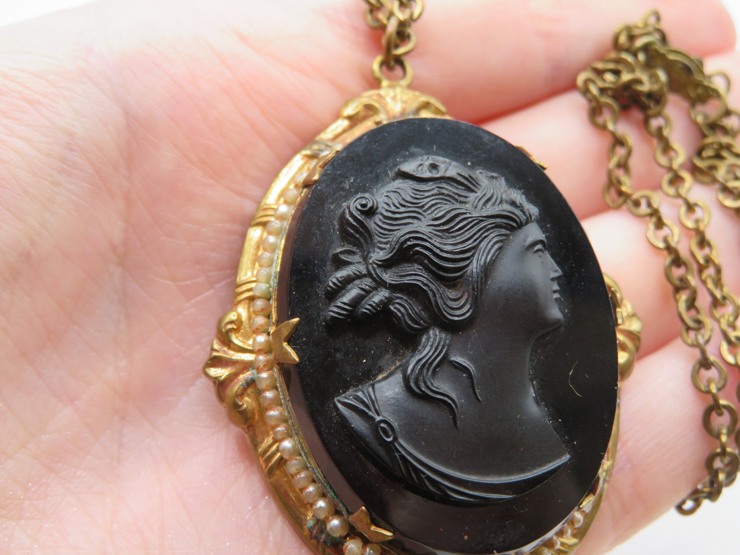 Antique Victorian Revival Black Glass Cameo Necklace