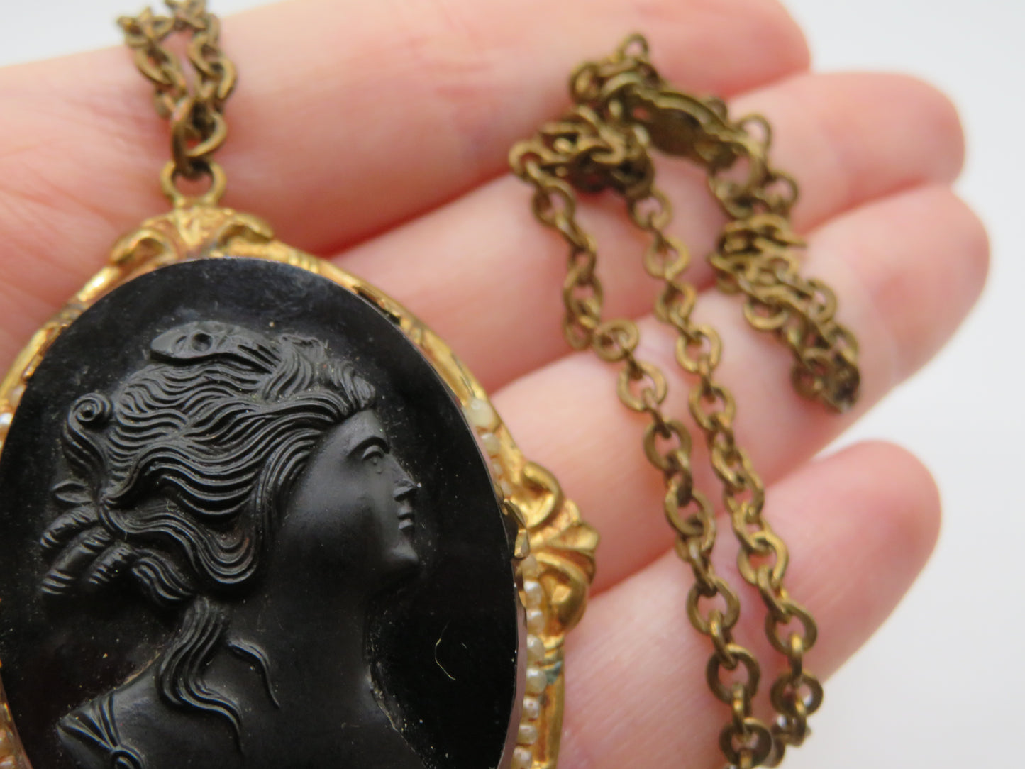 Antique Victorian Revival Black Glass Cameo Necklace