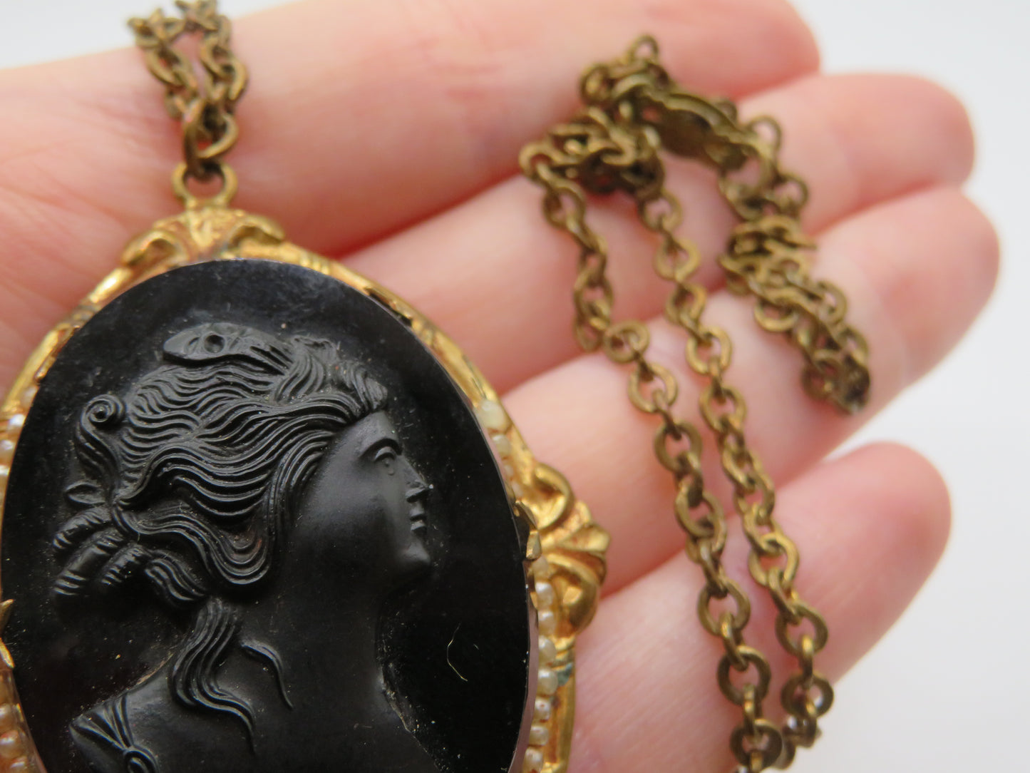 Antique Victorian Revival Black Glass Cameo Necklace