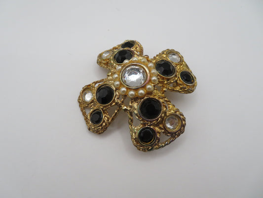 Vintage Midcentury Domed Rhinestone Maltese Cross Brooch