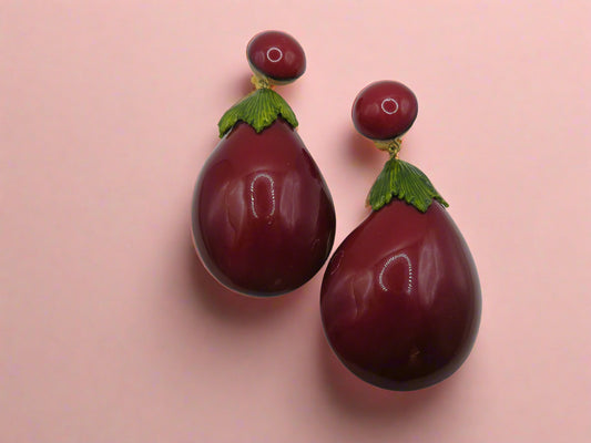 Vintage Rare Ciléa Paris Oversized Eggplant Clip On Earrings