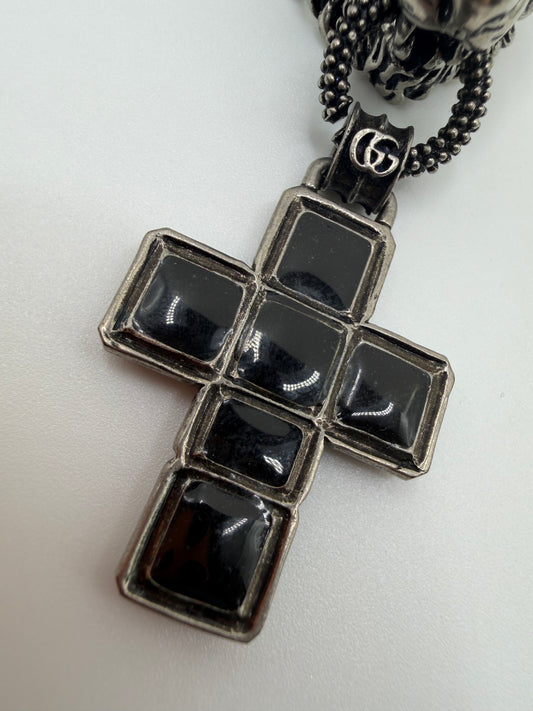 Rare Gucci Silver Lion Ring with Dangling Cross Charm
