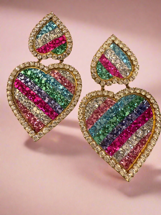 Massive Shourouk Rainbow Crystal Ombre Heart Earrings