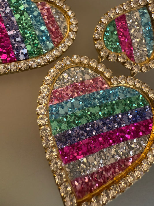 Massive Shourouk Rainbow Crystal Ombre Heart Earrings