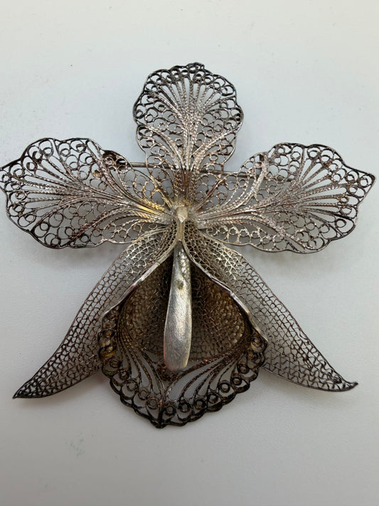 Antique Large Sterling Silver Filigree Orchid Flower Brooch