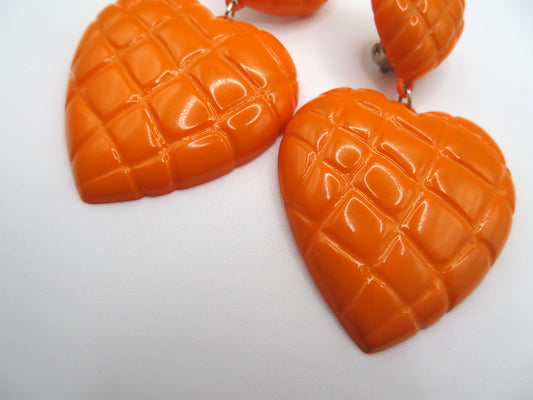 Vintage Tangerine Quilted Heart Clip On Earrings