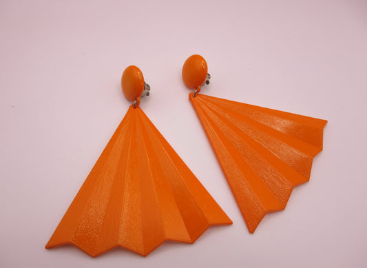 Vintage Tangerine Huge Fan Clip On Earrings
