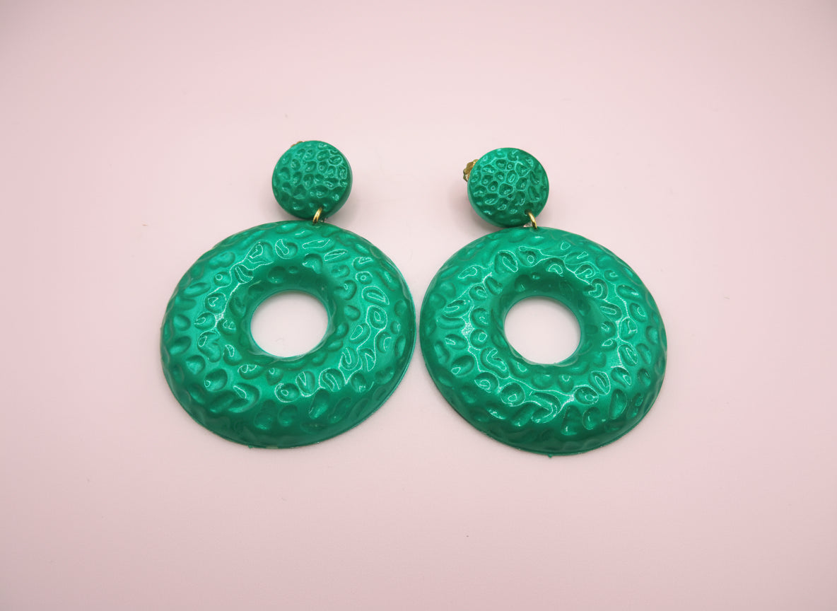 Vintage Metallic Kelly Green Hoop Clip On Earrings