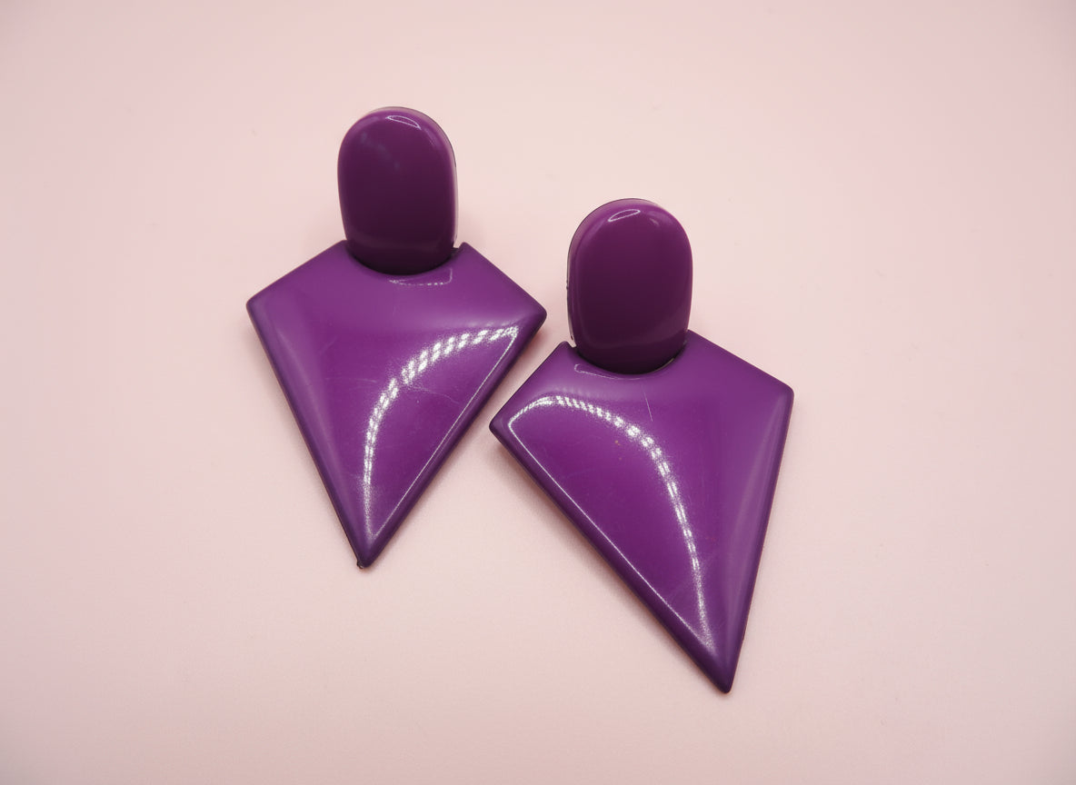 Vintage Chunky Purple Triangle Clip On Earrings