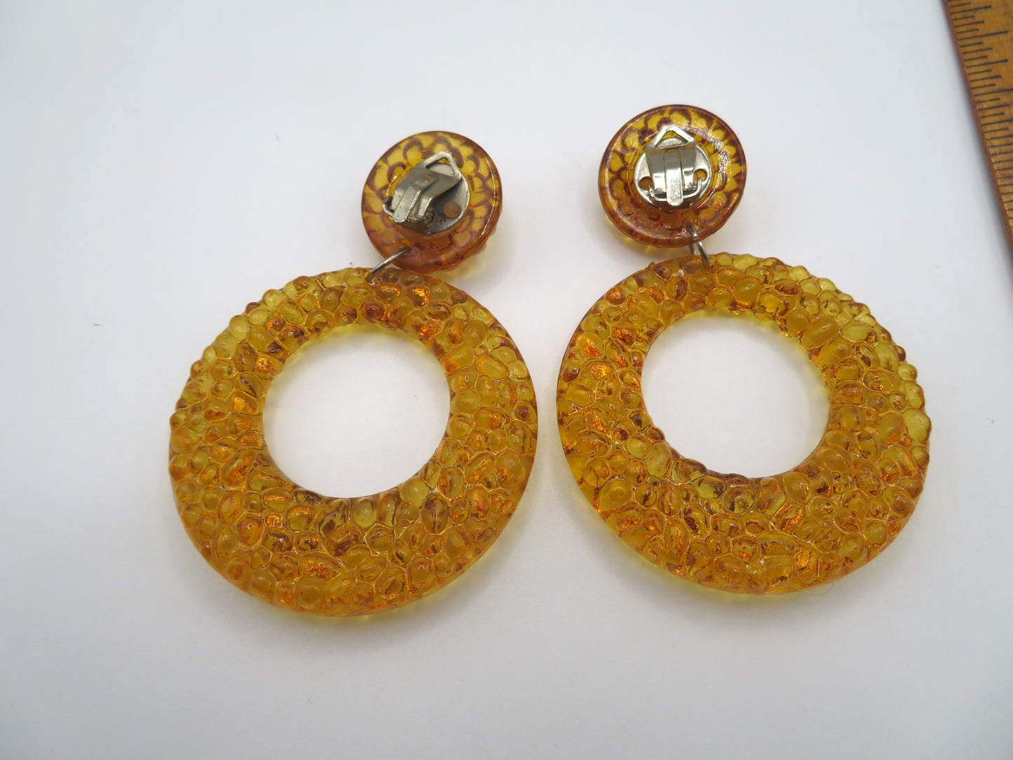 Vintage Golden Banana Gummy Lucite Hoop Clip On Earrings