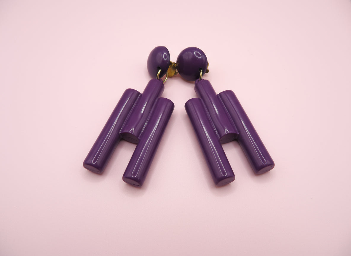Vintage Huge Cubist Purple Column Clip On Earrings