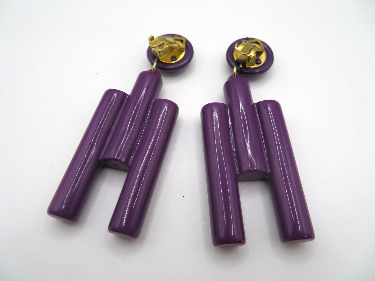 Vintage Huge Cubist Purple Column Clip On Earrings