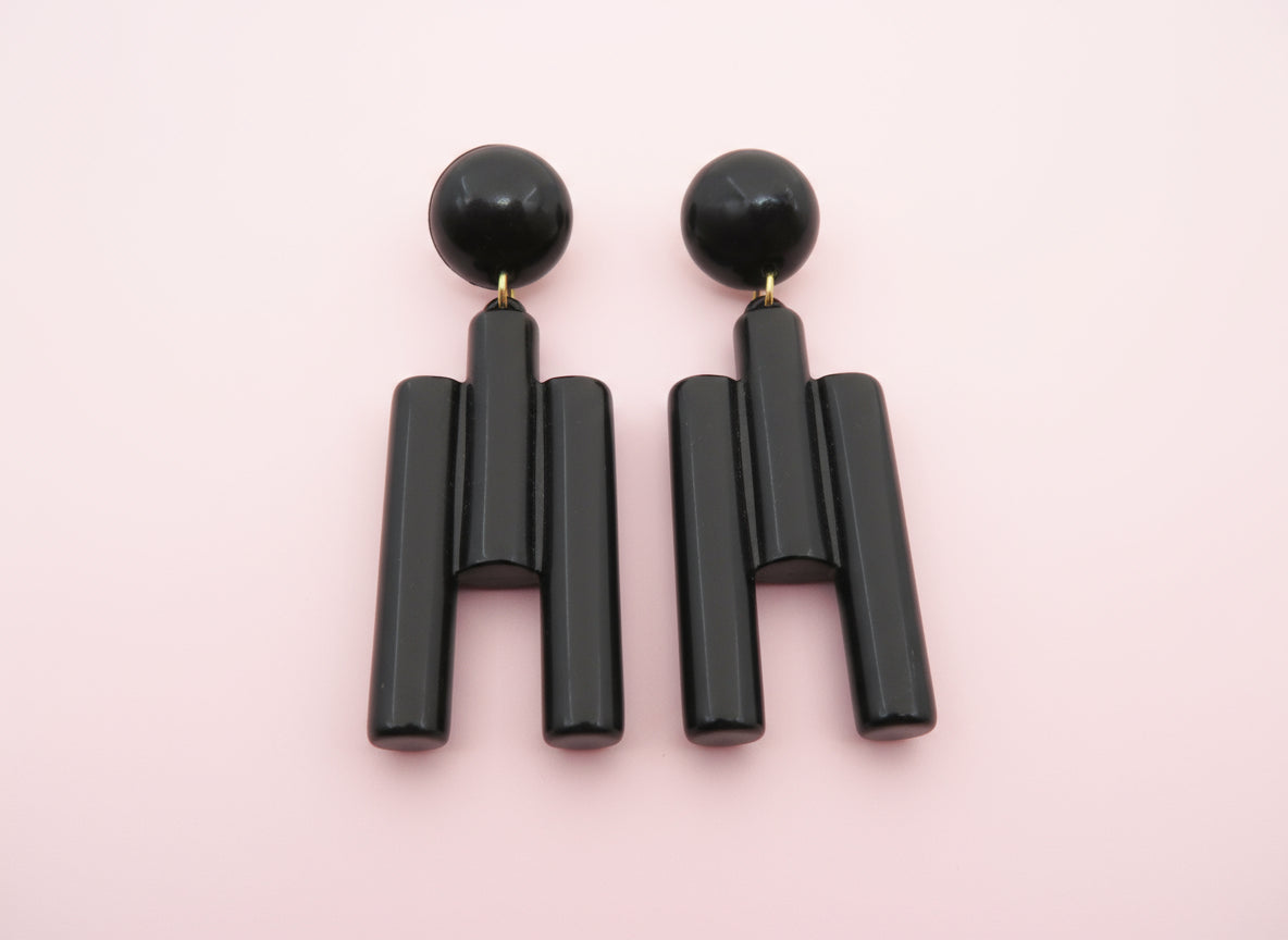 Vintage Huge Cubist Charcoal Column Clip On Earrings