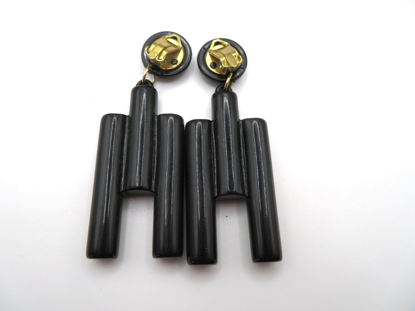 Vintage Huge Cubist Charcoal Column Clip On Earrings